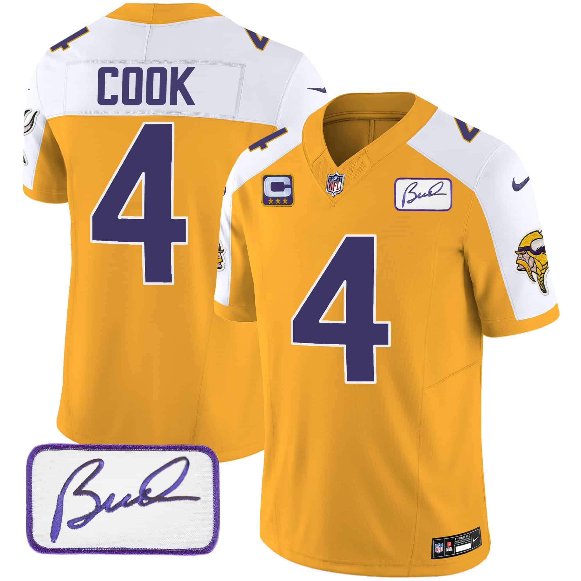 Men Minnesota Vikings #4 Cook Yellow 2024 Nike Bud Grant Patch Classic Limited NFL Jersey style 1